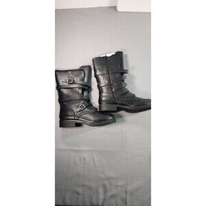 So Women’s Black Mid Calf Boots Fau Buckle Strap Faux Fur Lined Side Zip Size 11